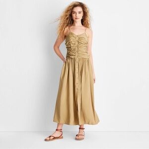 Future Collective ruched rayon tan khaki safari Midi Dress Easter M 8 10